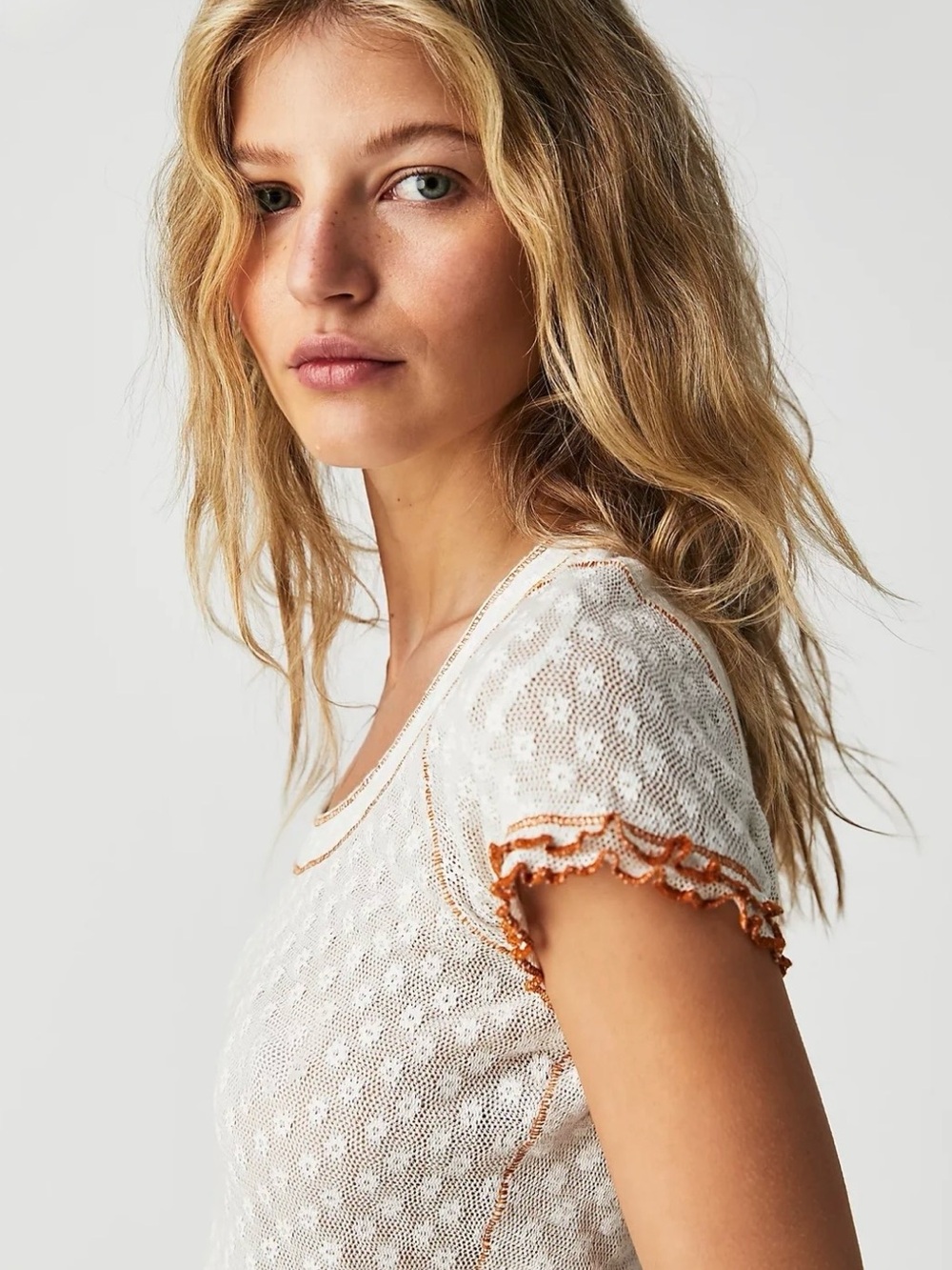 Free People Cream Garner Short Sleeve Top with Brown Stitching Accent